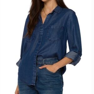 Velvet Heart Women's Shirt Button Down Long Sleeve Blue Denim Look Tencel Size L